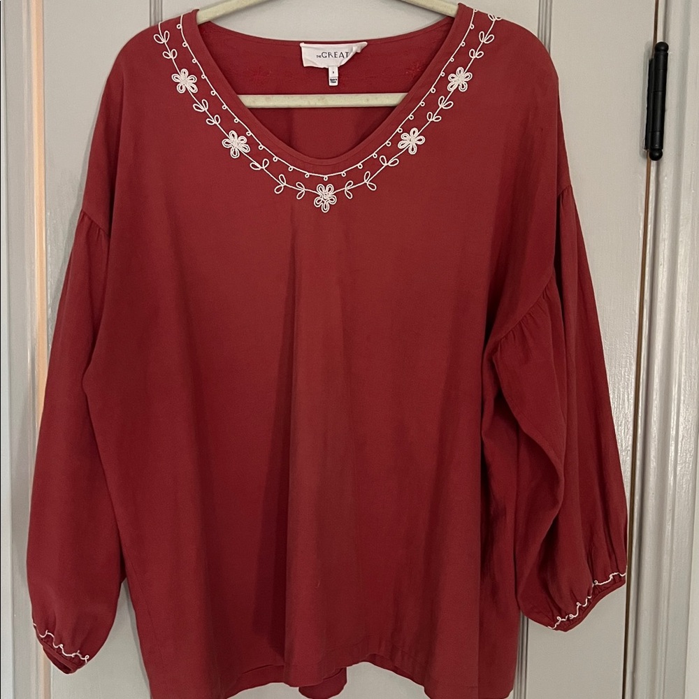 THE GREAT. Red Blouse with White Embroidery